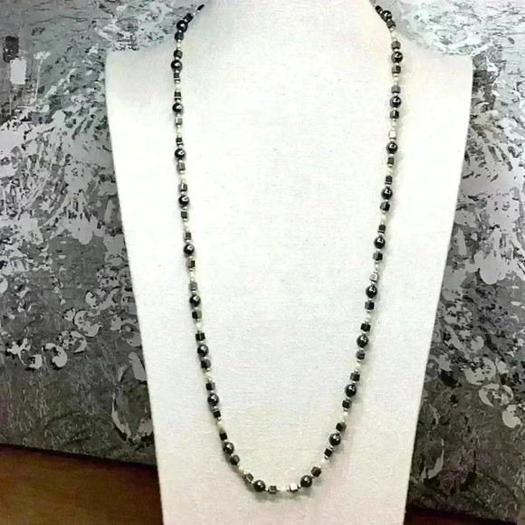 Vintage Stone Necklace with Square and Round Beads - Black White and Gold - Picture 1 of 3